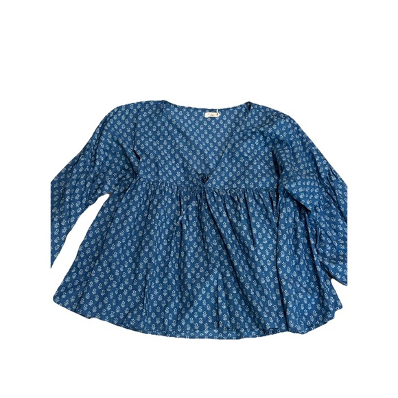 Faherty Lyla Top L Blue Floral 100% Organic Cotton Peplum V-Neck Blouse New - Picture 4 of 7